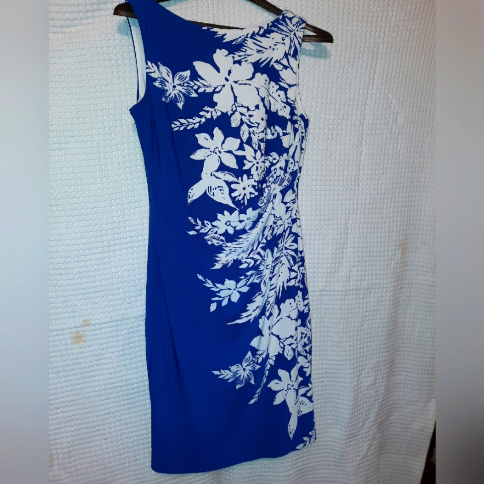Anne Klein Royal Blue And White Floral Sheath Dress, Size 4